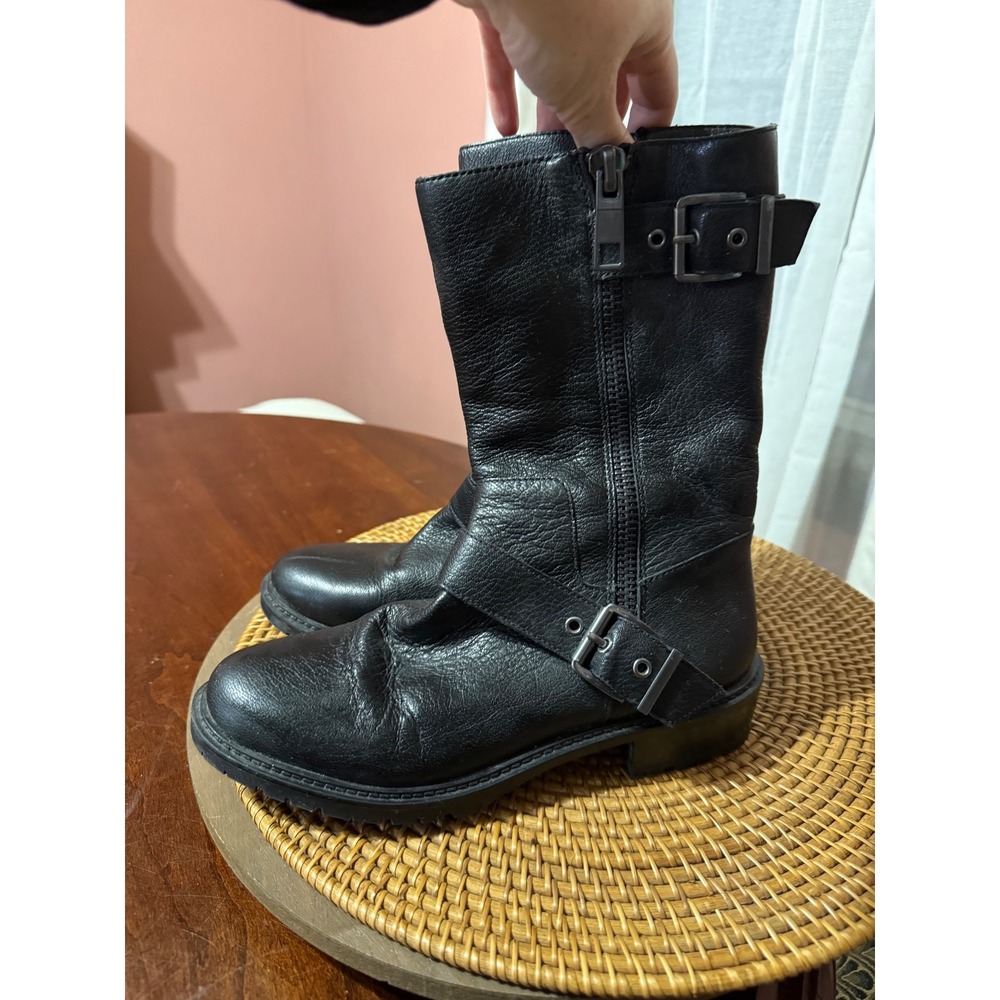 BCBGeneration Santino Black Leather Moto Boots Mid Calf Buckle Lug Sole 7M